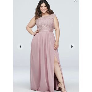 David's Bridal Rose Gold Lace Metallic Sash Maxi Bridesmaid Dress‎ Pink 14
